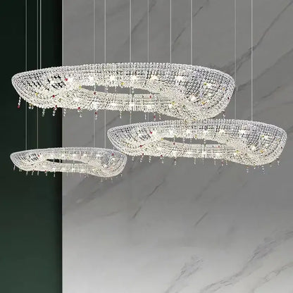 Decorbites crystal chandelier three-tiered oval LED pendant with clear and red gemstone accents for living and dining room