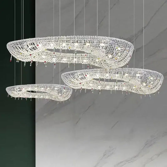 Decorbites crystal chandelier three-tiered oval LED pendant with clear and red gemstone accents for living and dining room