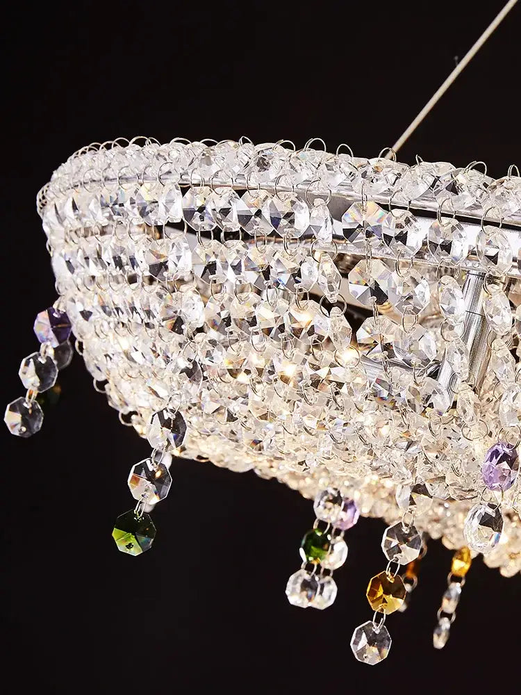DecorBites crystal chandelier with silver metal frame and multicolored beads luxury oval LED pendant light for living room