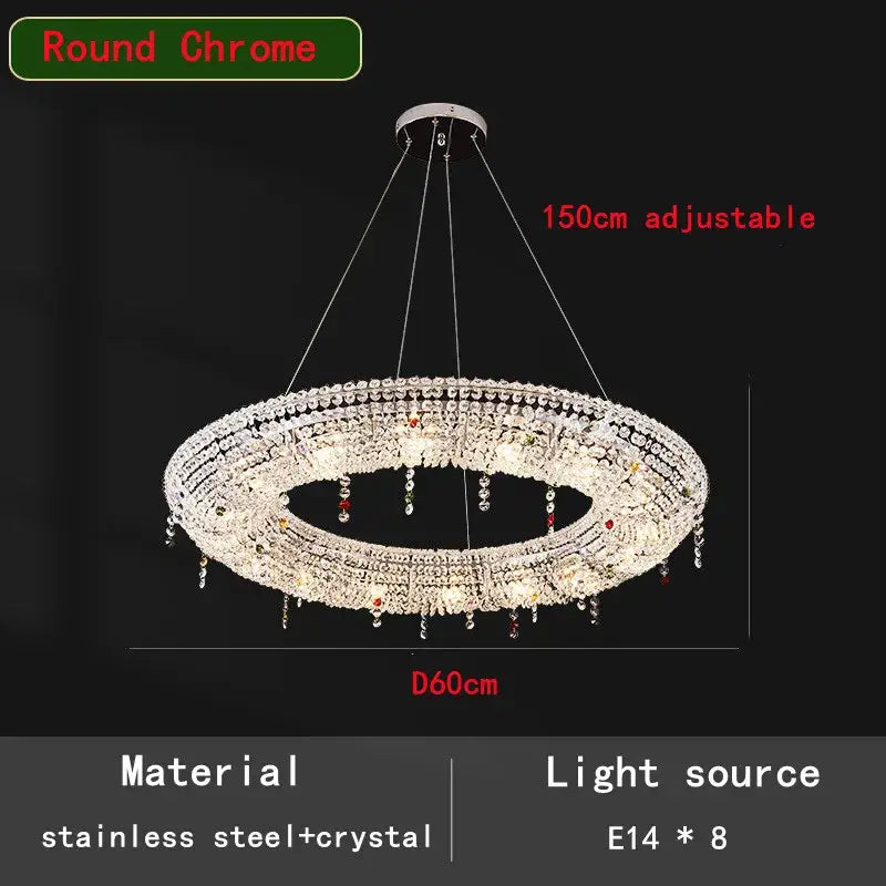 Round chrome decorbites crystal chandelier with 60cm diameter featuring multiple crystal strands for living and dining rooms