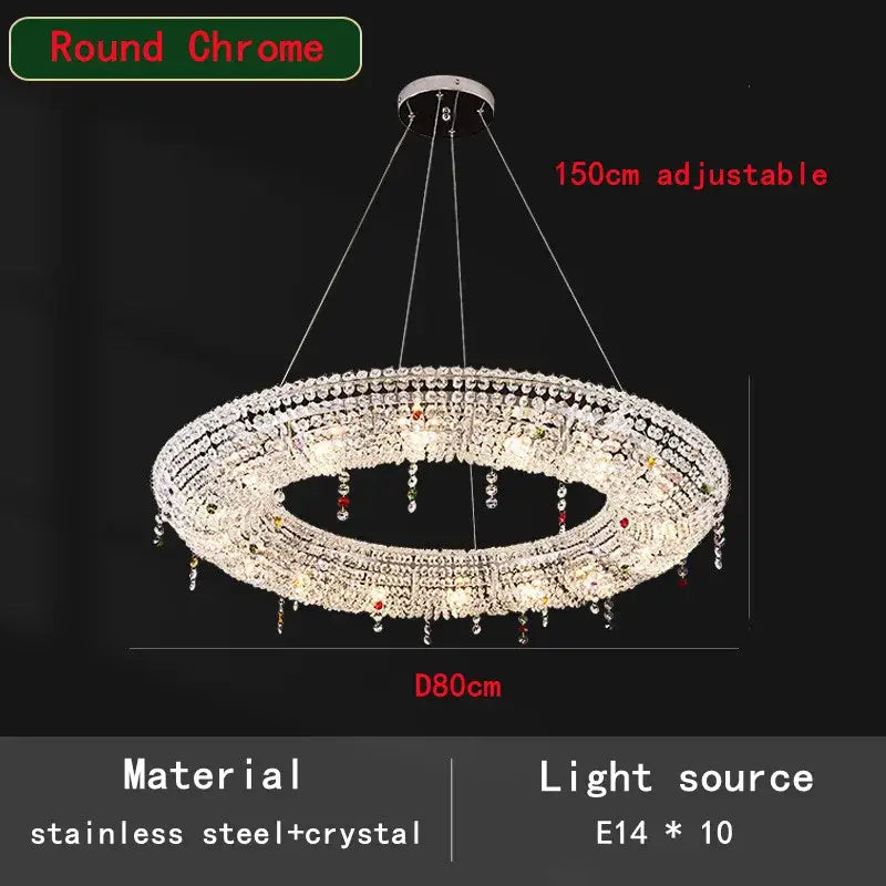 Decorbites crystal chandelier 80cm round chrome with crystal strands luxury oval led pendant light for living room