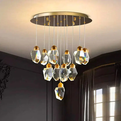 Decorbites crystal chandelier with gold circular mount and faceted glass pendants for living and dining room lighting