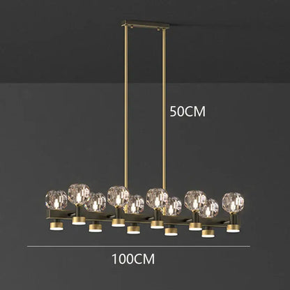 DecorBites crystal chandelier with ten faceted crystal globes in a modern brass finish for living and dining rooms