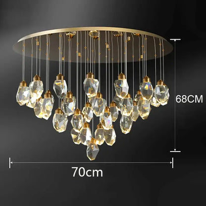 DecorBites crystal chandelier with gold-toned frame and faceted clear crystals for living and dining rooms
