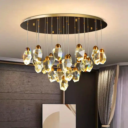 Decorbites crystal chandelier with faceted golden glass pendants on brass frame for living and dining rooms
