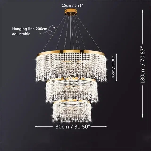 Gold-toned decorbites crystal chandelier with tiered cascading clear crystal beads and decorative rings for living room lighting