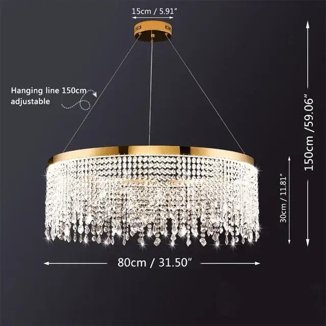 Gold-toned decorbites crystal chandelier featuring cascading crystal droplets for living and dining room lighting