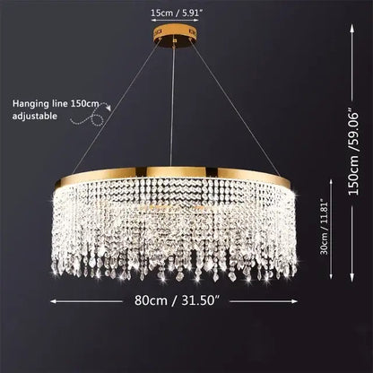 Gold-toned decorbites crystal chandelier featuring cascading crystal droplets for living and dining room lighting