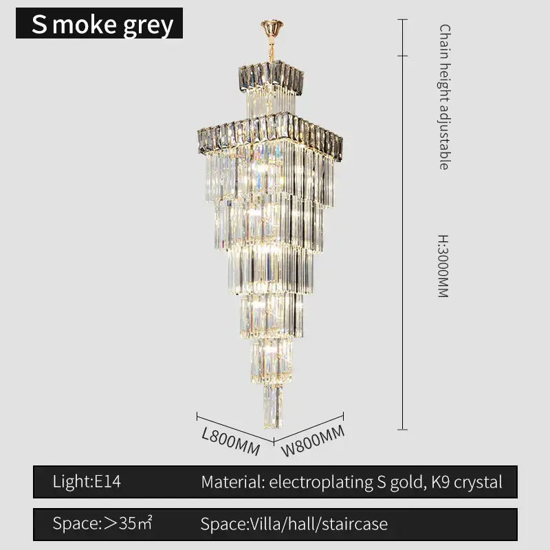 Decorbites crystal chandelier with smoke grey tiered design and electroplated gold frame with k9 crystal strands