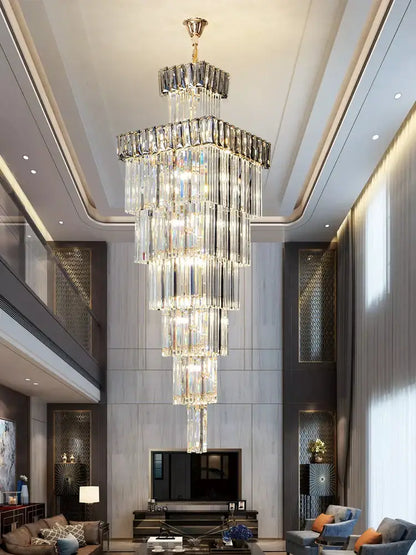 DecorBites crystal chandelier with gold-toned top and clear glass prisms for luxury duplex loft lighting