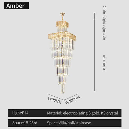 Amber decorbites crystal chandelier with tiered design electroplated gold frame and k9 crystal strands for duplex loft