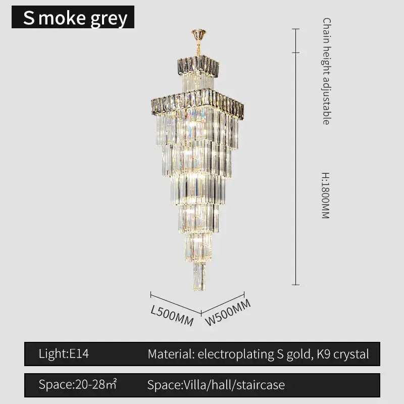 Smoke grey tiered decorbites crystal chandelier with electroplated s gold frame and k9 crystal elements for duplex loft
