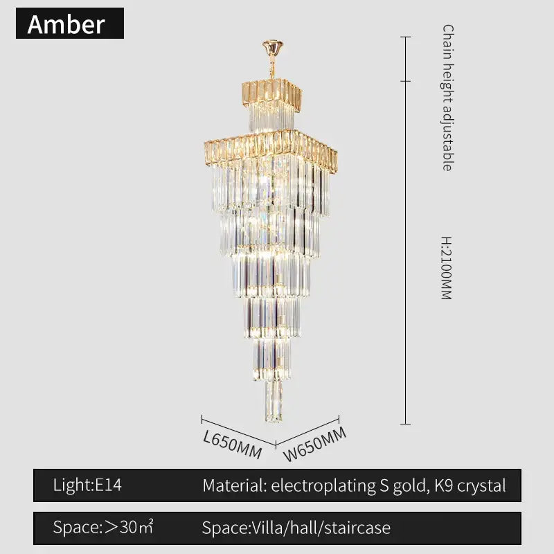 Amber DecorBites crystal chandelier with tiered cascading crystal strands and gold-plated frame for duplex loft lighting