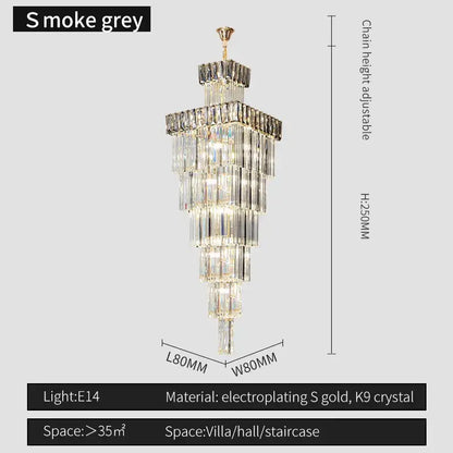 S smoke grey tiered decorbites crystal chandelier with electroplated gold and k9 crystal for duplex loft lighting