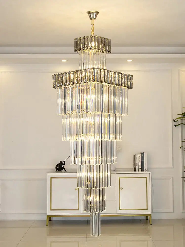 Decorbites crystal chandelier with cascading clear glass rods and gold-toned accents for duplex hollow loft lighting