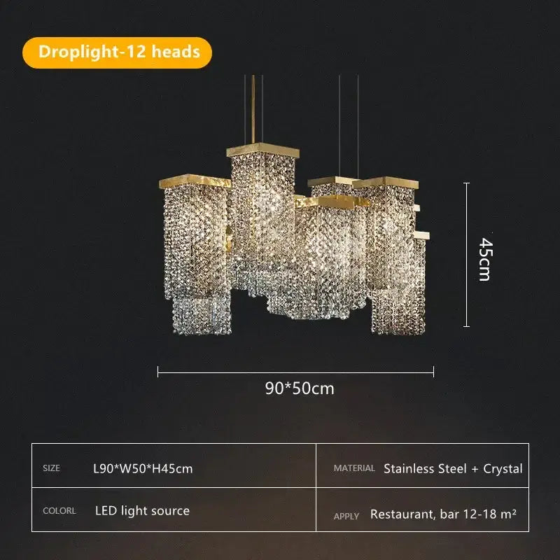 Gold-toned decorbites crystal chandelier with 12 cascading crystal pendant heads for modern bar and hotel lighting