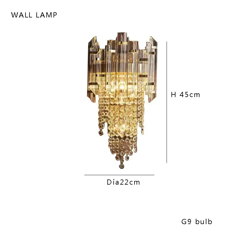 Gold-toned decorbites crystal chandelier with tiered geometric glass panels and cascading beads for modern bedroom lighting