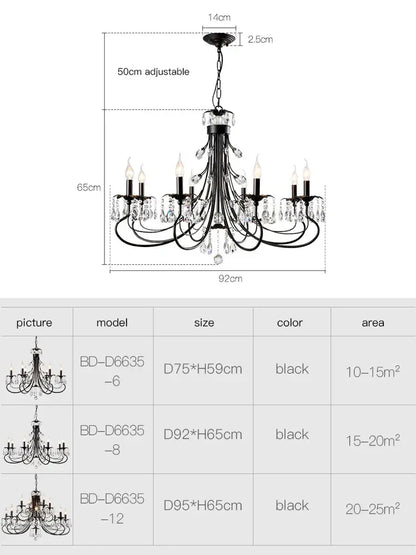 Decorbites crystal chandelier black wrought iron with crystal droplets and candle style bulbs for living room lighting