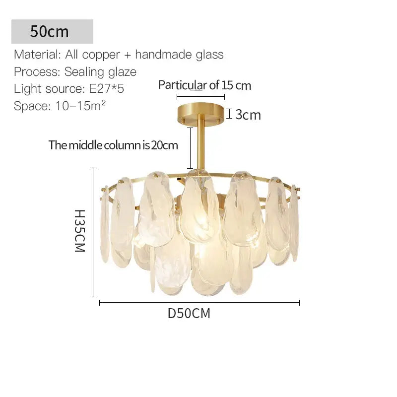 A modern decorbites crystal chandelier with a brass-finished copper frame and translucent glass leaves for interiors