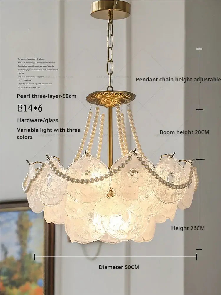 Elegant 50cm decorbites crystal chandelier with three-layer pearl design, gold hardware, frosted glass shades, and adjustable chain