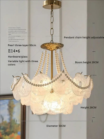 Elegant 50cm decorbites crystal chandelier with three-layer pearl design, gold hardware, frosted glass shades, and adjustable chain
