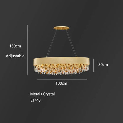 Decorbites crystal chandelier gold-toned circular design with cascading crystals and adjustable height for living room