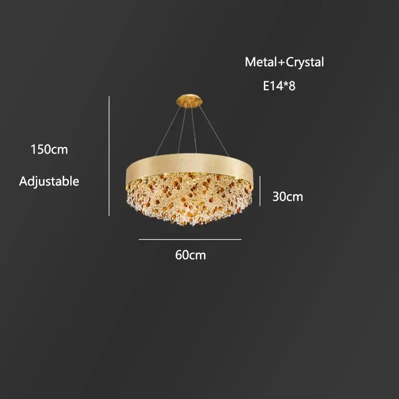 Gold-toned decorbites crystal chandelier with metallic frame and dangling crystals for living room and kitchen island