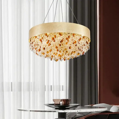 Gold-toned decorbites crystal chandelier with cascading amber and clear crystal beads for living room and kitchen island