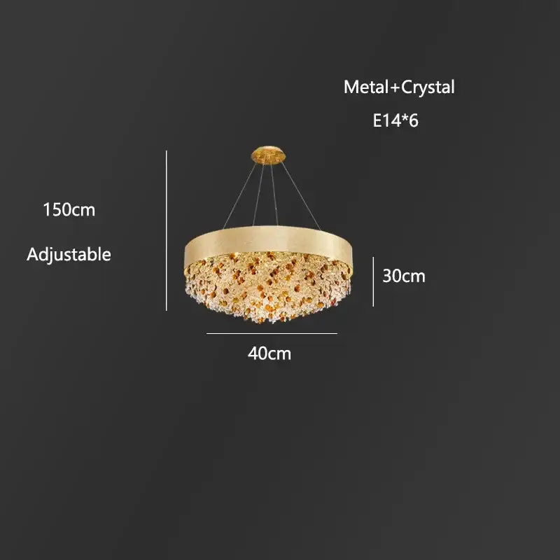 Gold-toned decorbites crystal chandelier with metallic frame and cascading crystals for living room and kitchen island