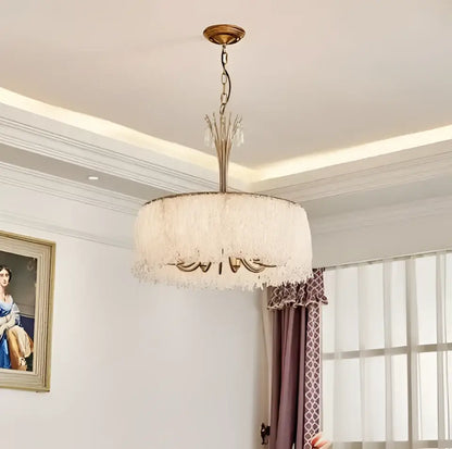 DecorBites crystal chandelier with brass metal frame and cascading clear crystals for villa hall and bedroom lighting