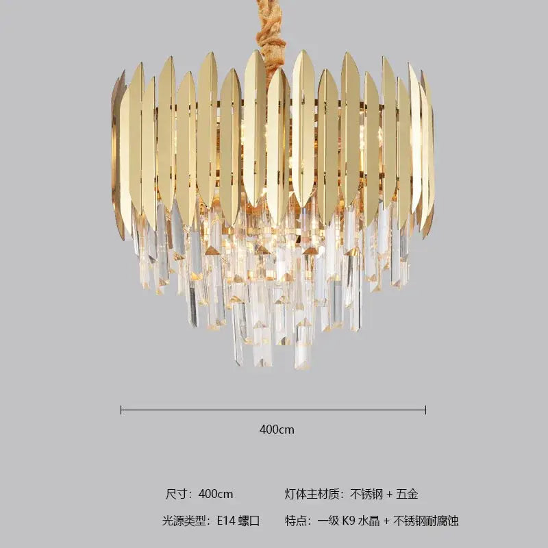 Gold-toned decorbites crystal chandelier with vertical metallic slats and cascading clear crystal prisms for modern dining rooms