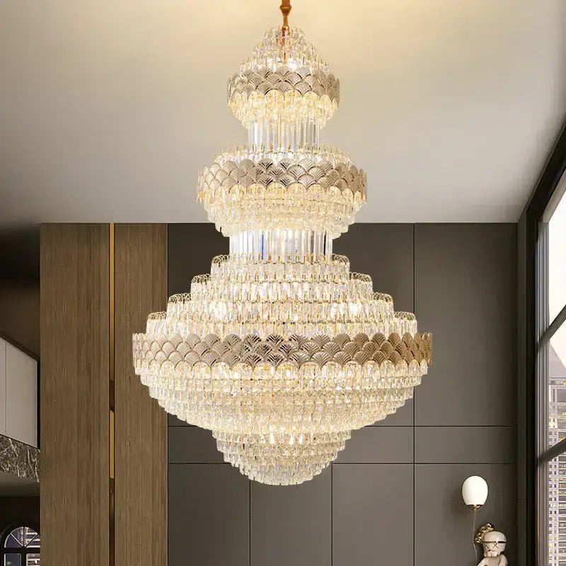 DecorBites crystal chandelier with gold-toned fixture and cascading clear crystals for modern duplex loft lighting
