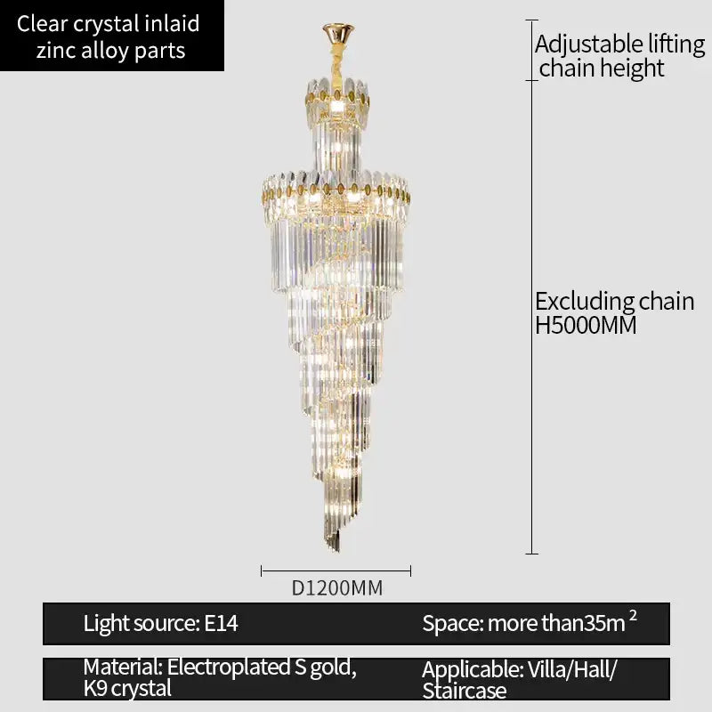 A decorbites crystal chandelier with clear crystal elements, gold electroplated accents, and adjustable chain height for versatile installation