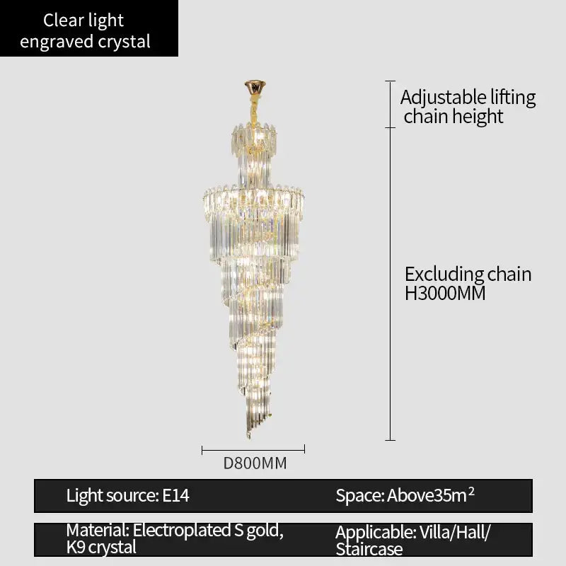 A tiered DecorBites crystal chandelier with clear engraved crystals and gold electroplated accents for luxury villa halls