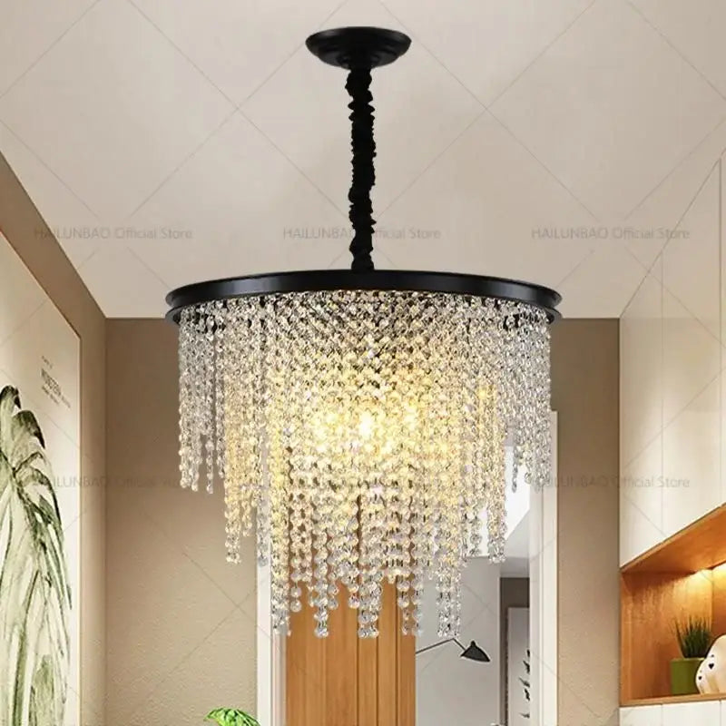 Black metal decorbites crystal chandelier with cascading clear crystal droplets for modern living dining and bedroom