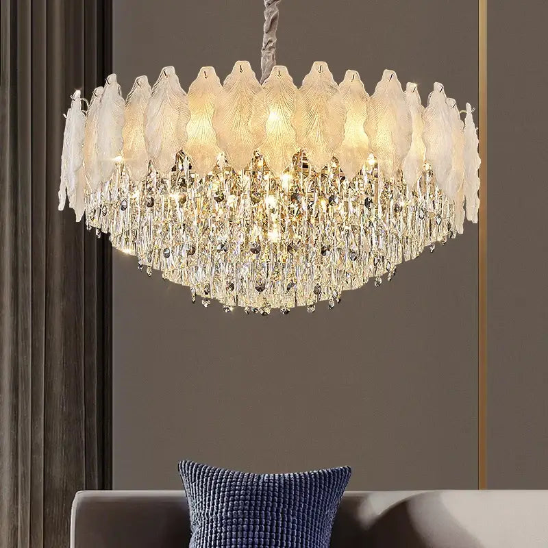 Elegant white feather-shaped decorbites crystal chandelier with cascading clear glass prisms for modern elegance lighting