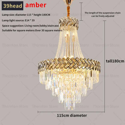 Decorbites crystal chandelier featuring 39 amber heads with golden frame and cascading prisms for luxury villa stair lighting