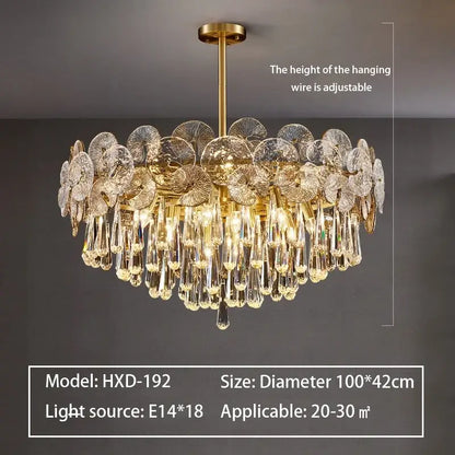 Gold-toned decorbites crystal chandelier with crystal disc and teardrop pendant elements for living room lighting