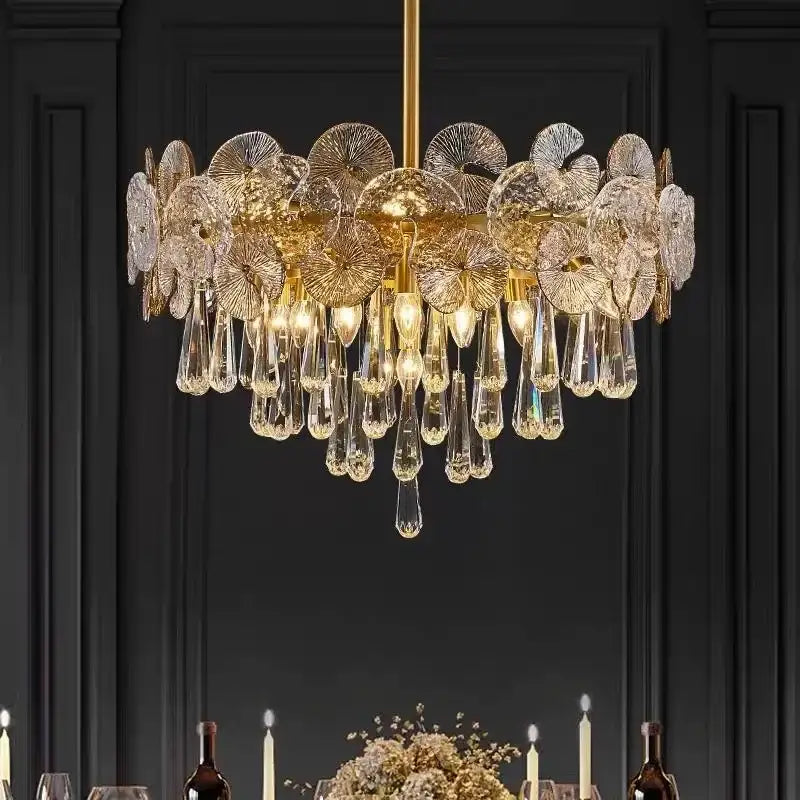 Golden decorbites crystal chandelier with intricate translucent glass petals and dangling crystal teardrops for living room