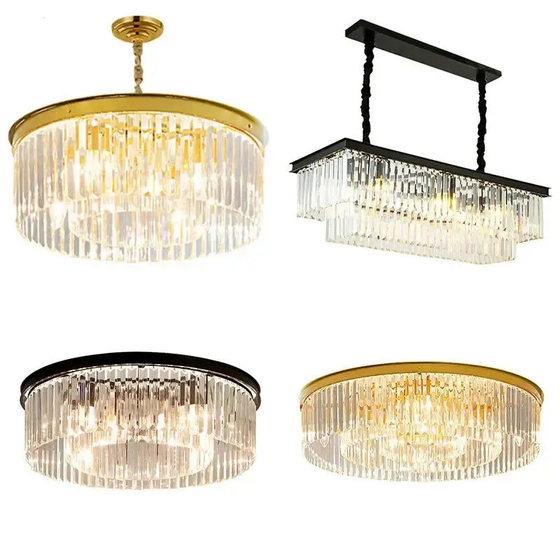 Decorbites crystal chandelier with gold and black finishes featuring cascading clear glass rods for modern LED lighting