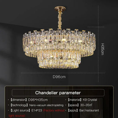 A decorbites crystal chandelier featuring a two-tiered circular design with clear k9 crystal prisms and gold-toned fixture