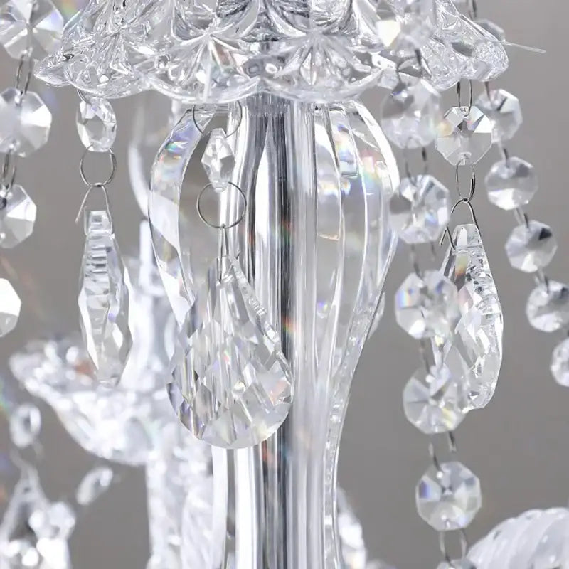 Clear crystal chandelier with faceted teardrop and round beads on polished chrome stem for living room decorbites crystal chandelier