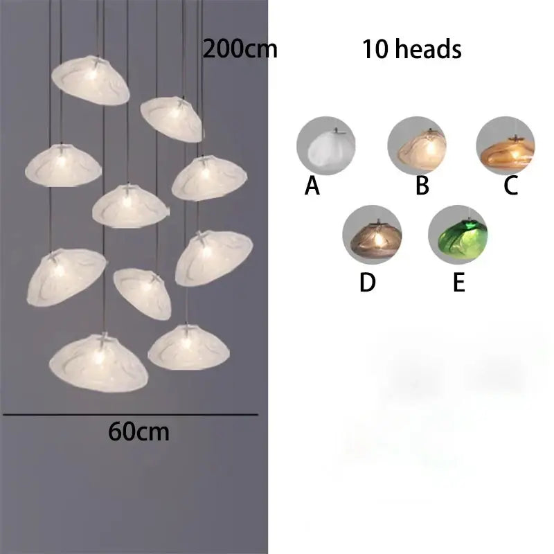 A modern 200cm decorbites crystal chandelier with ten shell-shaped lamp heads for living room lighting