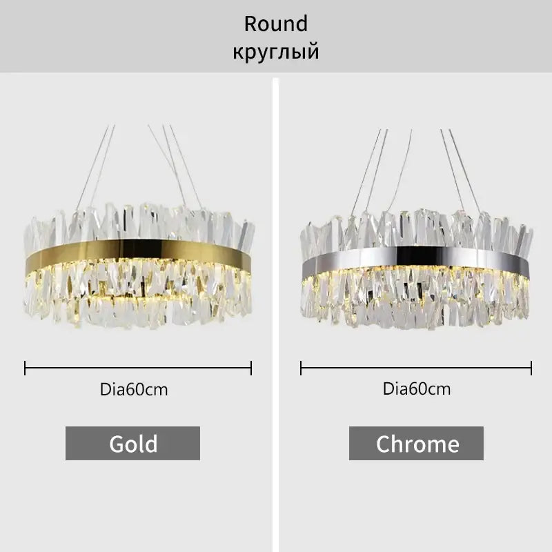 Elegant decorbites crystal chandelier with cascading clear crystal shards and gold or chrome metallic ring finish
