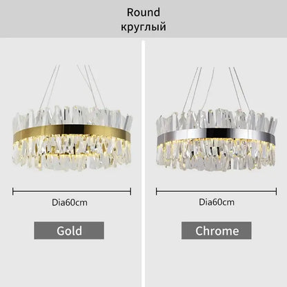 Elegant decorbites crystal chandelier with cascading clear crystal shards and gold or chrome metallic ring finish