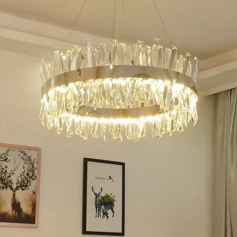 Modern decorbites crystal chandelier with chrome gold frame and cascading clear crystal shards for living room lighting