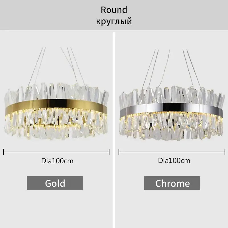 Decorbites crystal chandelier featuring gold and chrome round frames with cascading clear crystal shards for modern lighting