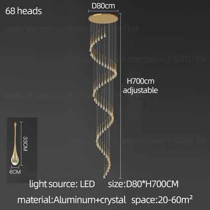 Gold-toned decorbites crystal chandelier with 68 crystal teardrop pendants on aluminum base for living room and villa