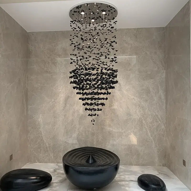 Black glossy stone showerhead with circular design and cascading water droplets for decorbites crystal chandelier lighting fixture