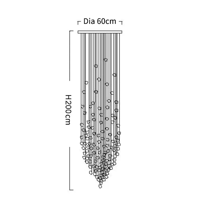 A modern decorbites crystal chandelier with cascading thin rods and geometric crystal elements for staircases and lobbies